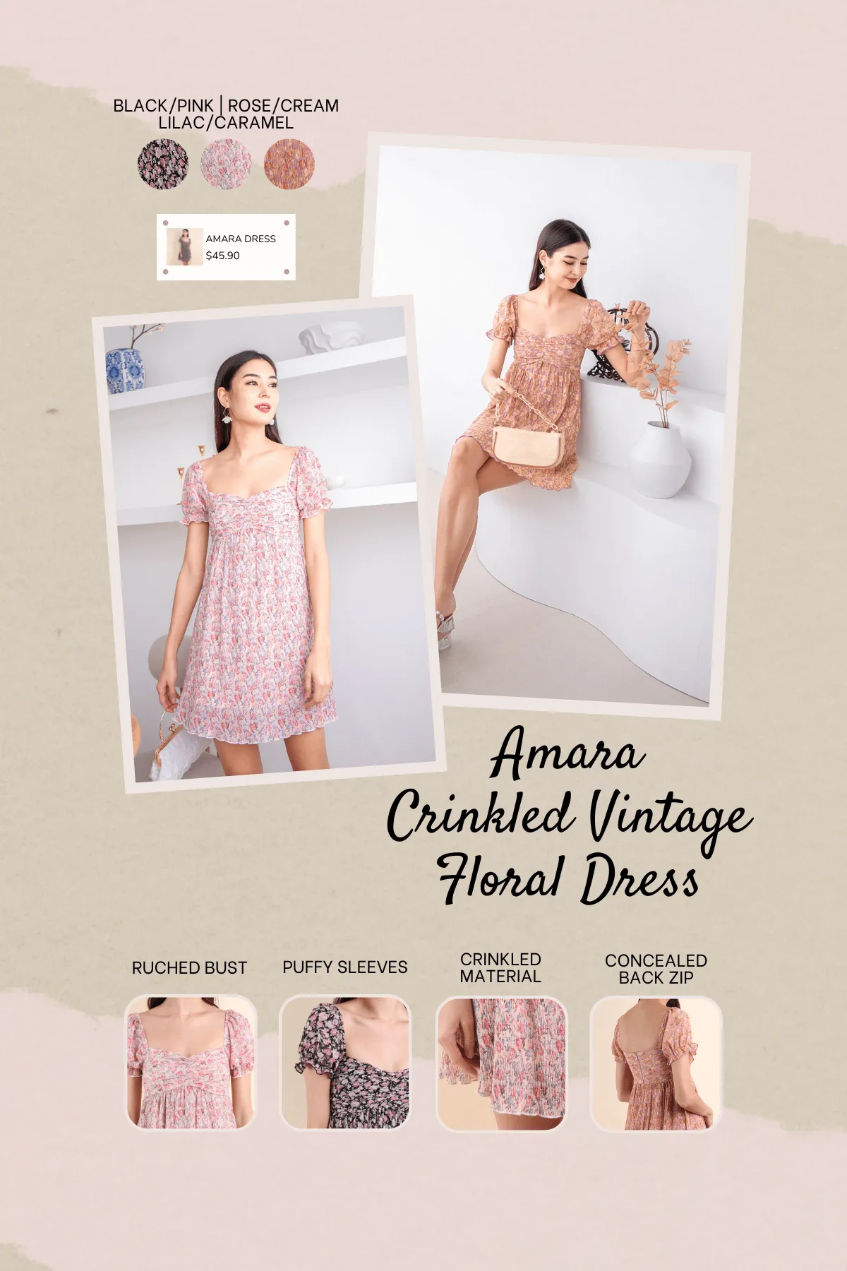 AMARA CRINKLED VINTAGE FLORAL DRESS IN LILAC/CARAMEL