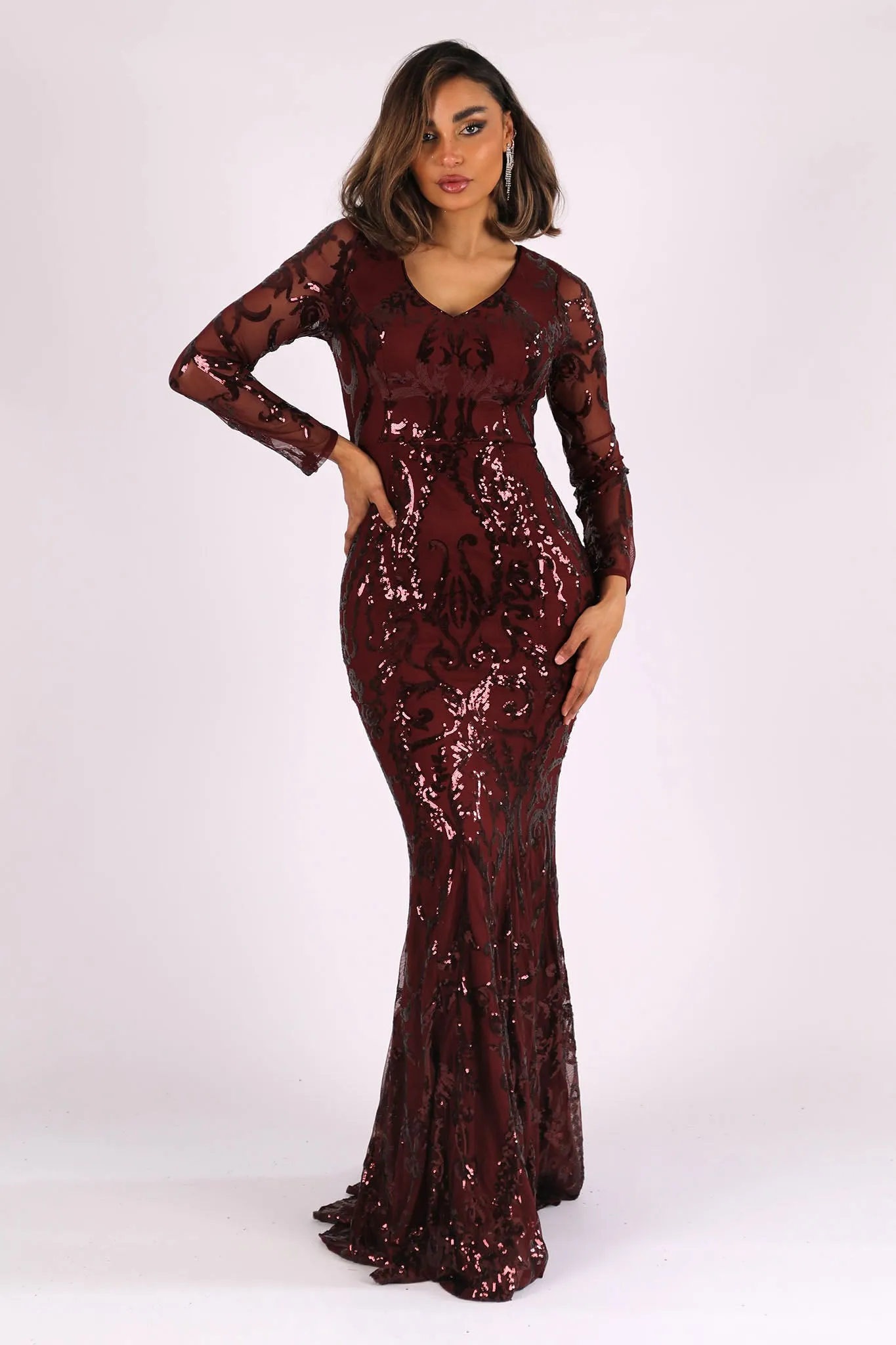 Amelia Long-Sleeve Pattern Sequin Gown - Burgundy