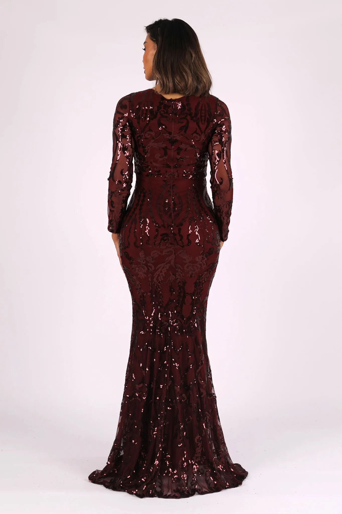 Amelia Long-Sleeve Pattern Sequin Gown - Burgundy