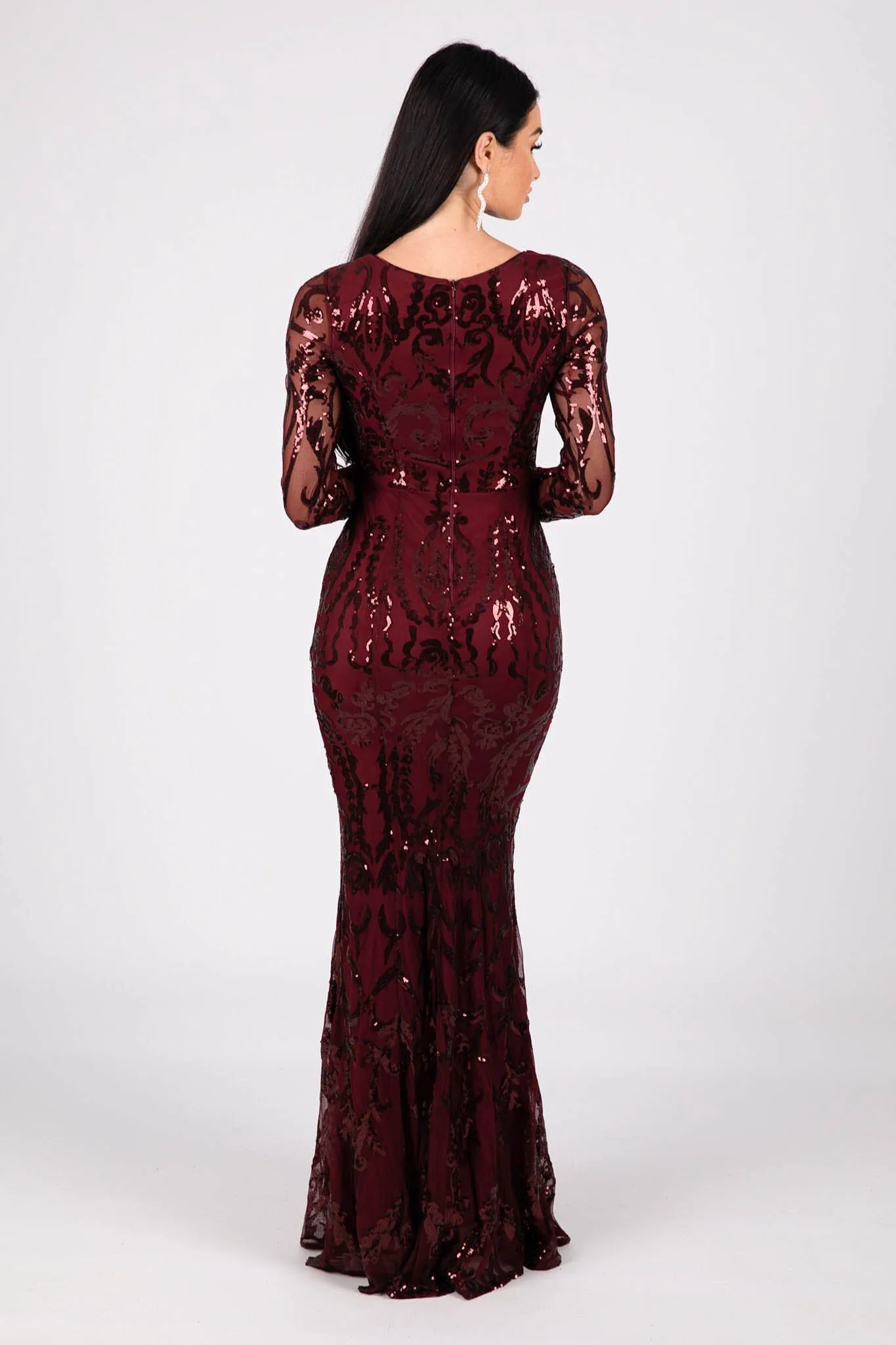 Amelia Long-Sleeve Pattern Sequin Gown - Burgundy