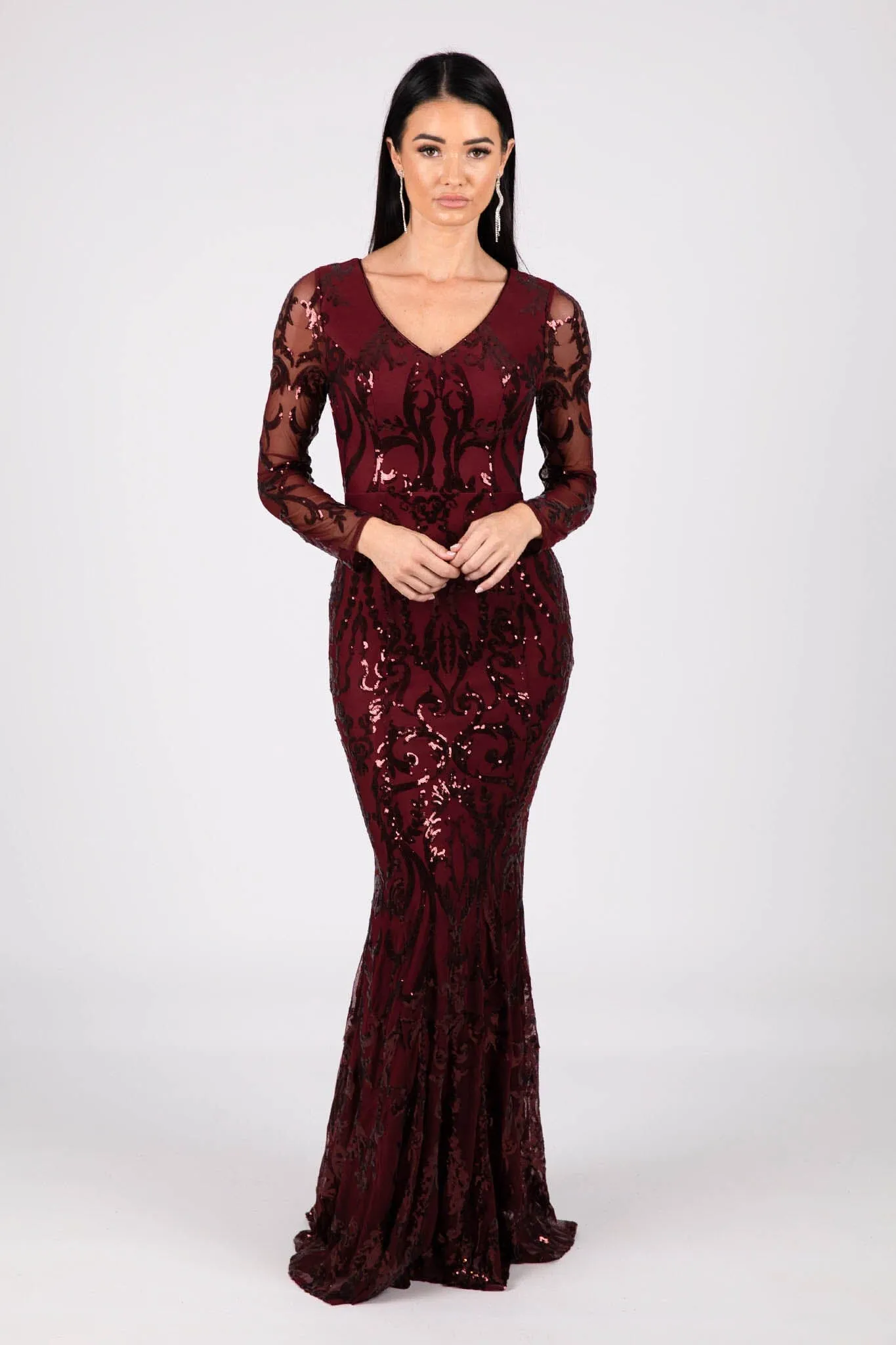 Amelia Long-Sleeve Pattern Sequin Gown - Burgundy