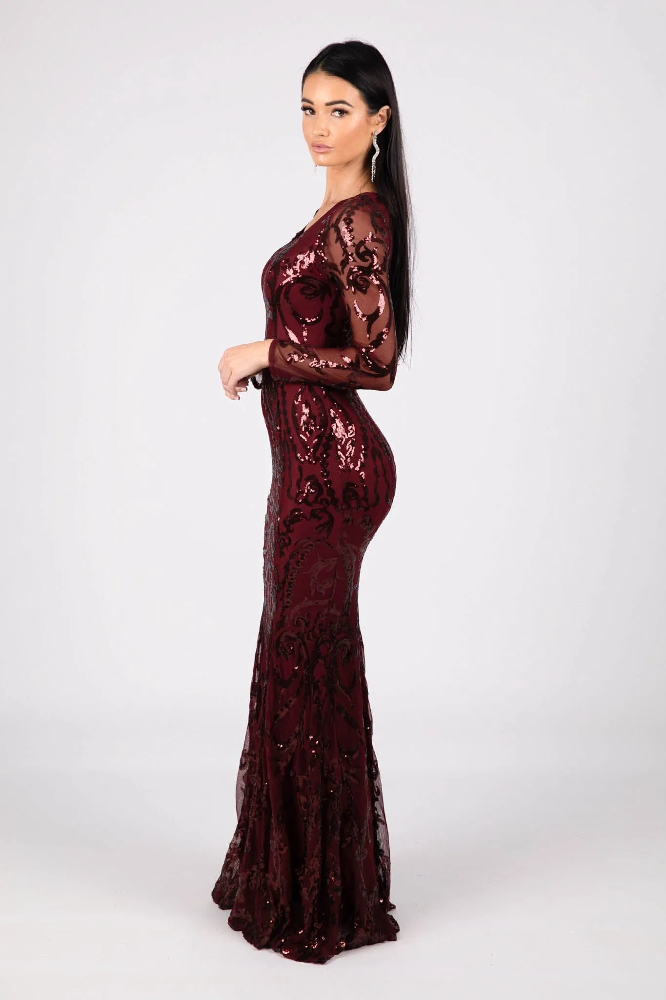 Amelia Long-Sleeve Pattern Sequin Gown - Burgundy