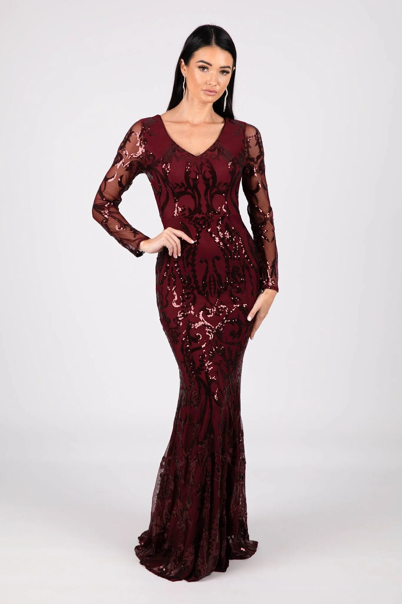 Amelia Long-Sleeve Pattern Sequin Gown - Burgundy