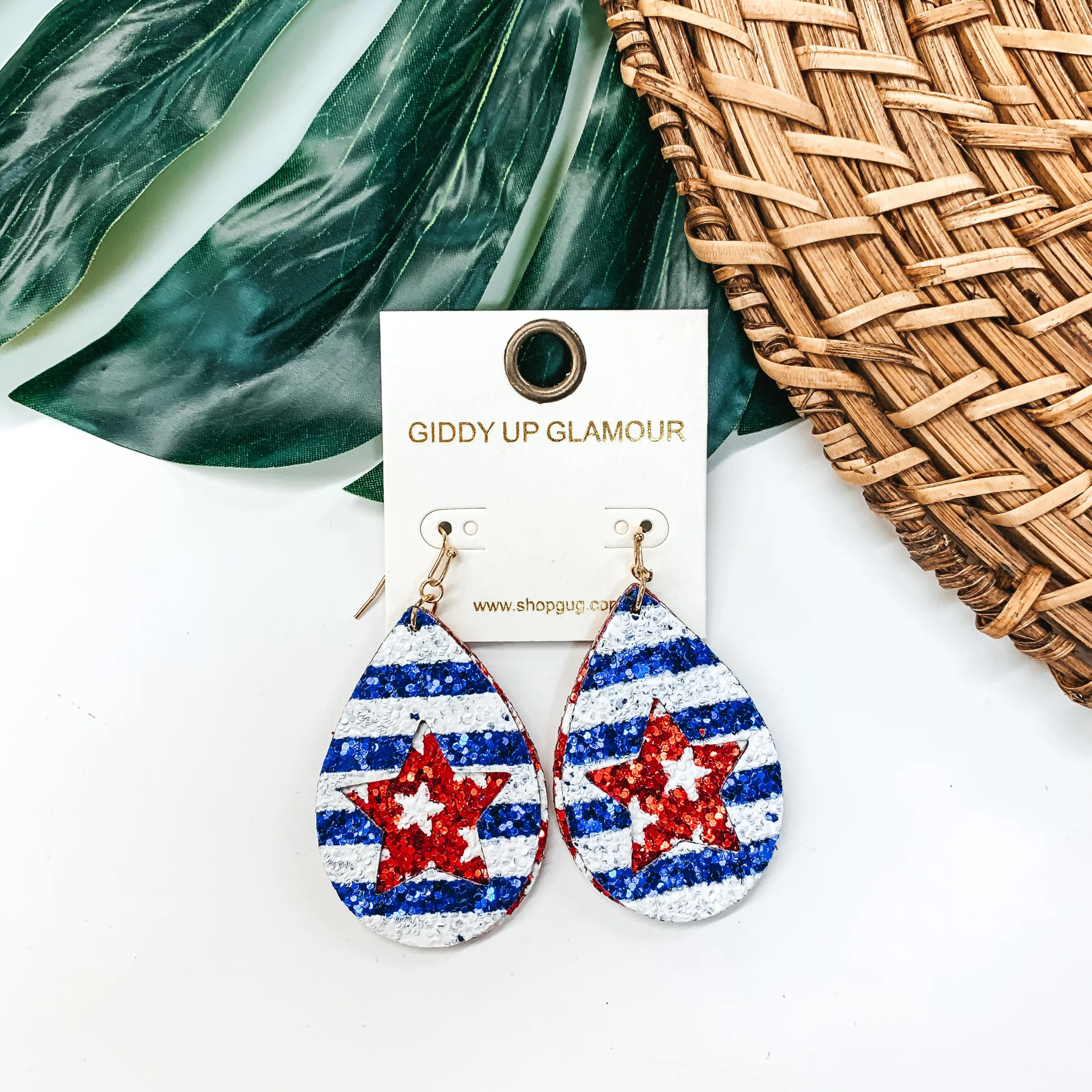 American Flag Teardrop Glitter Earrings with Star Cut Out