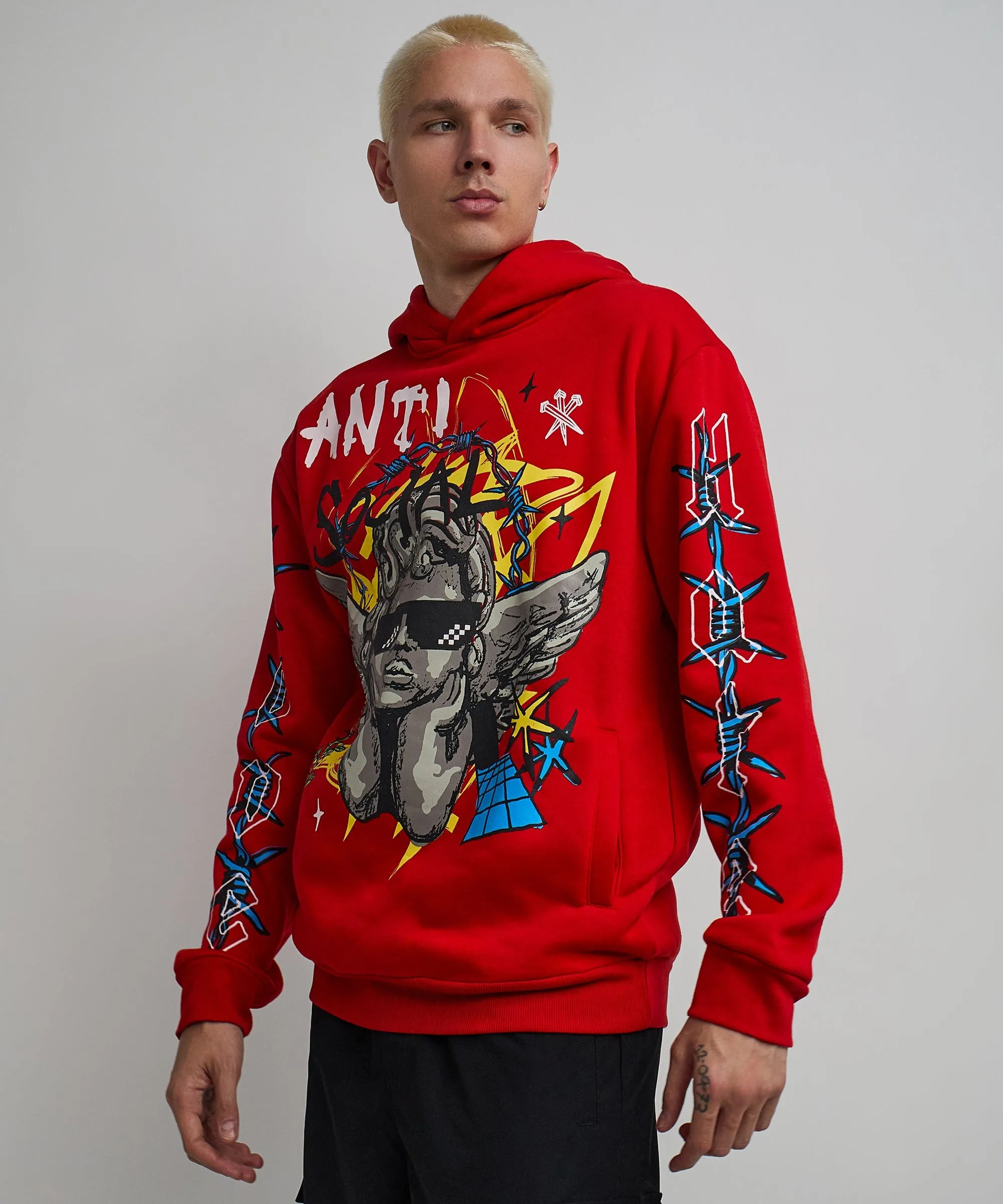 Anti Social Cherub Graphic Print Hoodie - Red