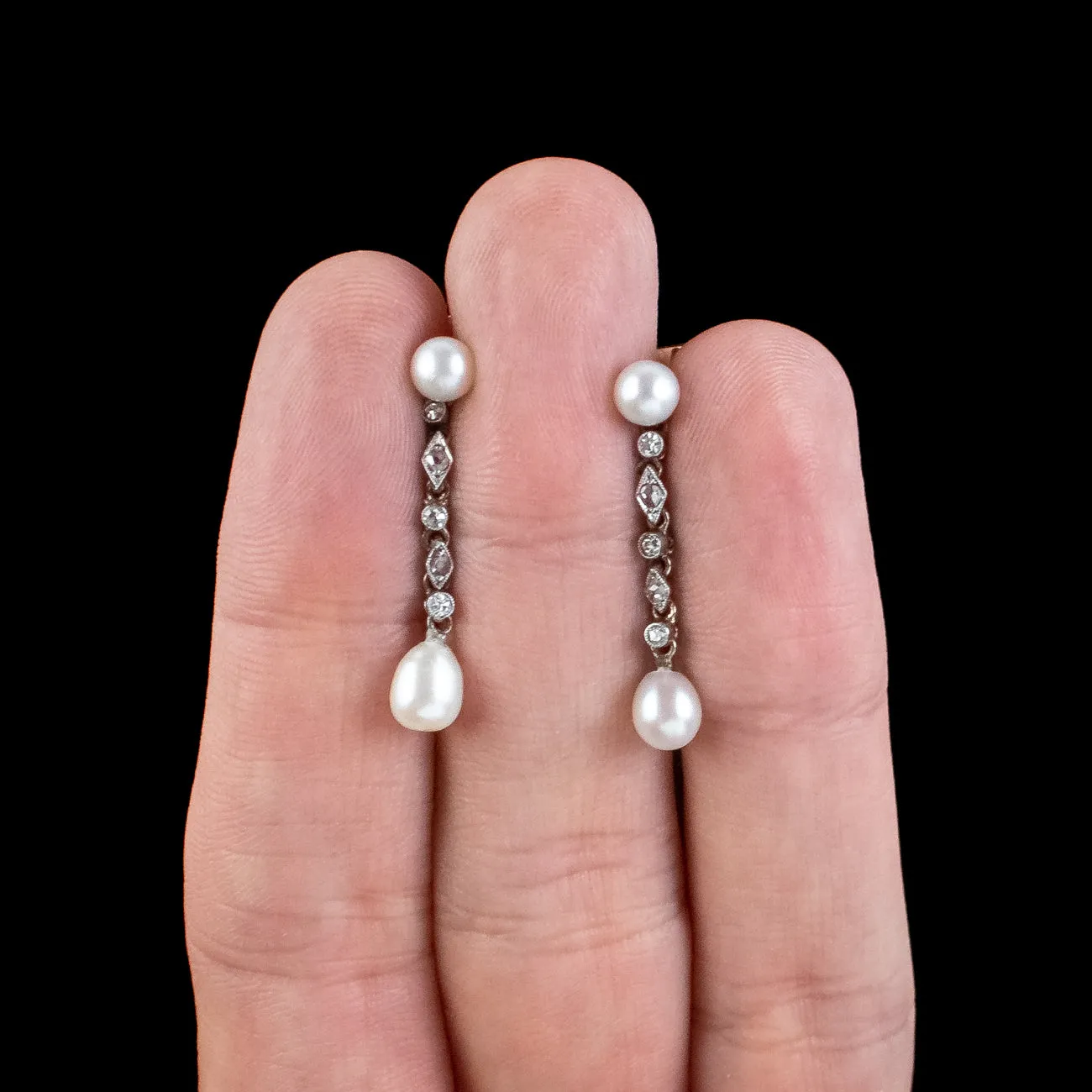 Antique Art Deco French Pearl Diamond Drop Earrings