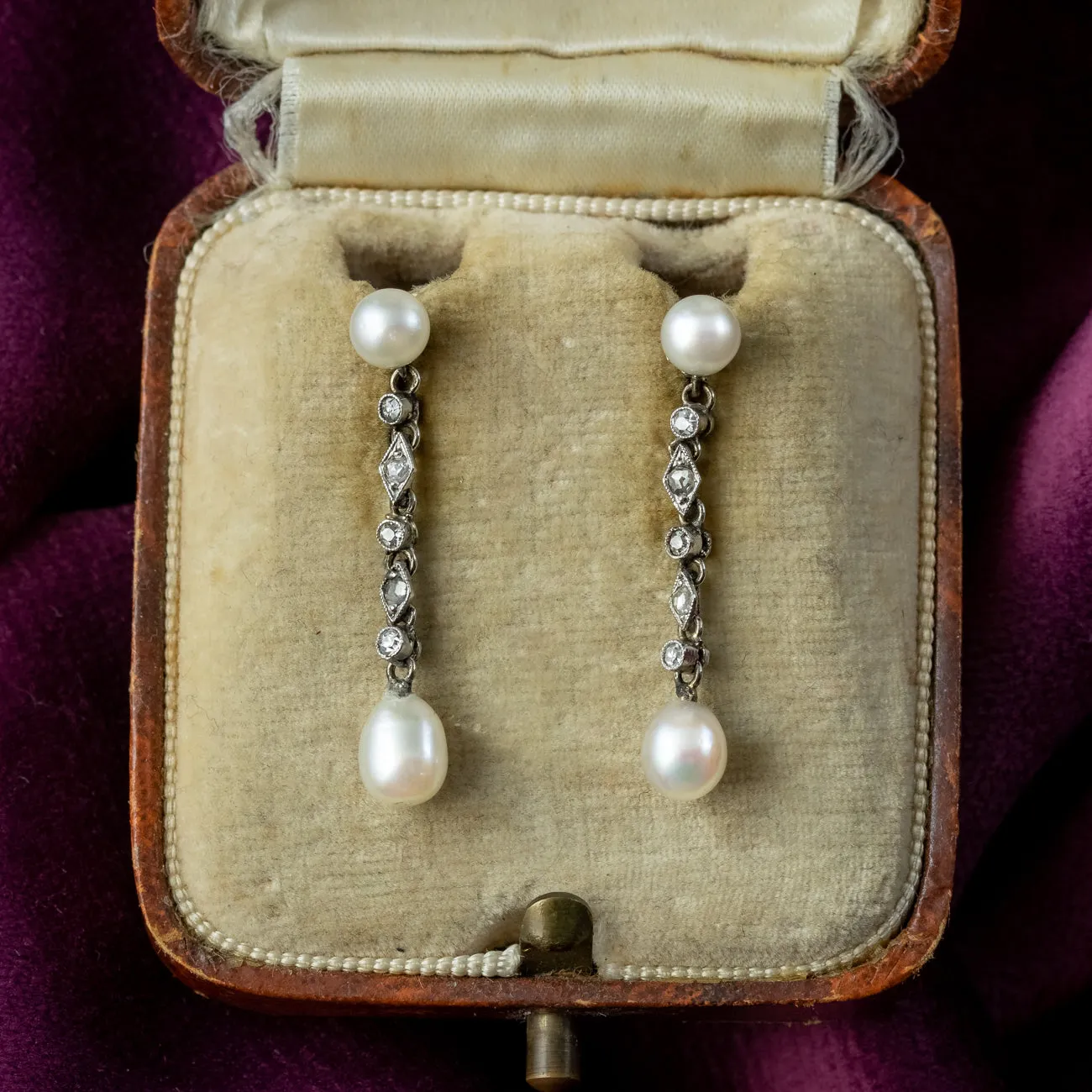 Antique Art Deco French Pearl Diamond Drop Earrings