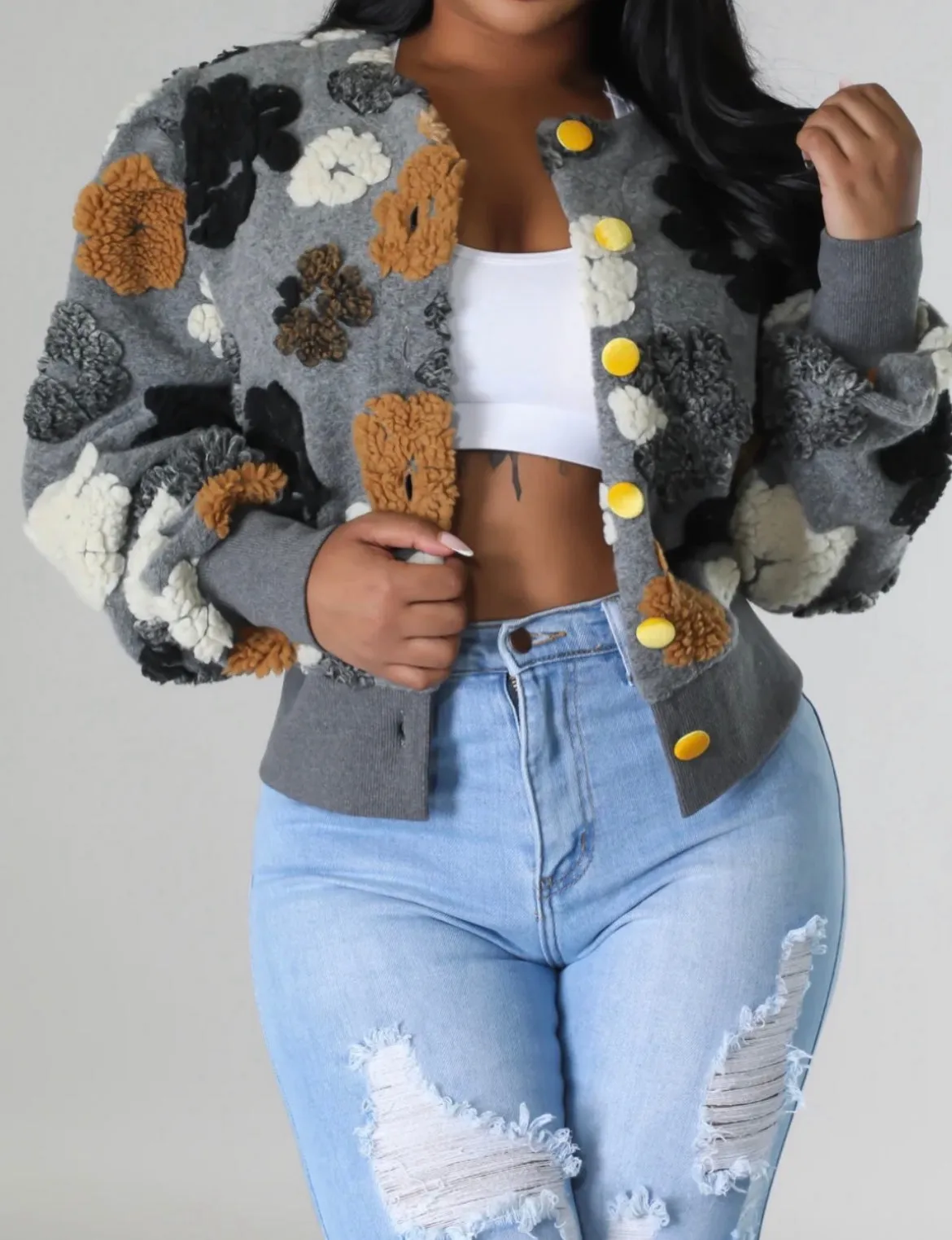 “Ariana” Floral Bomber-Gray Multi