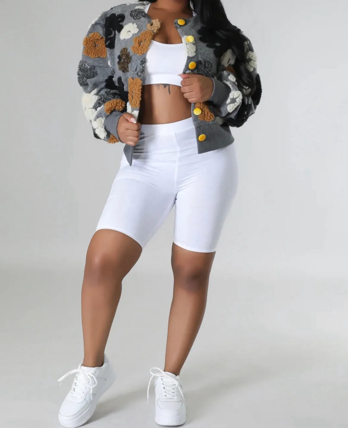 “Ariana” Floral Bomber-Gray Multi