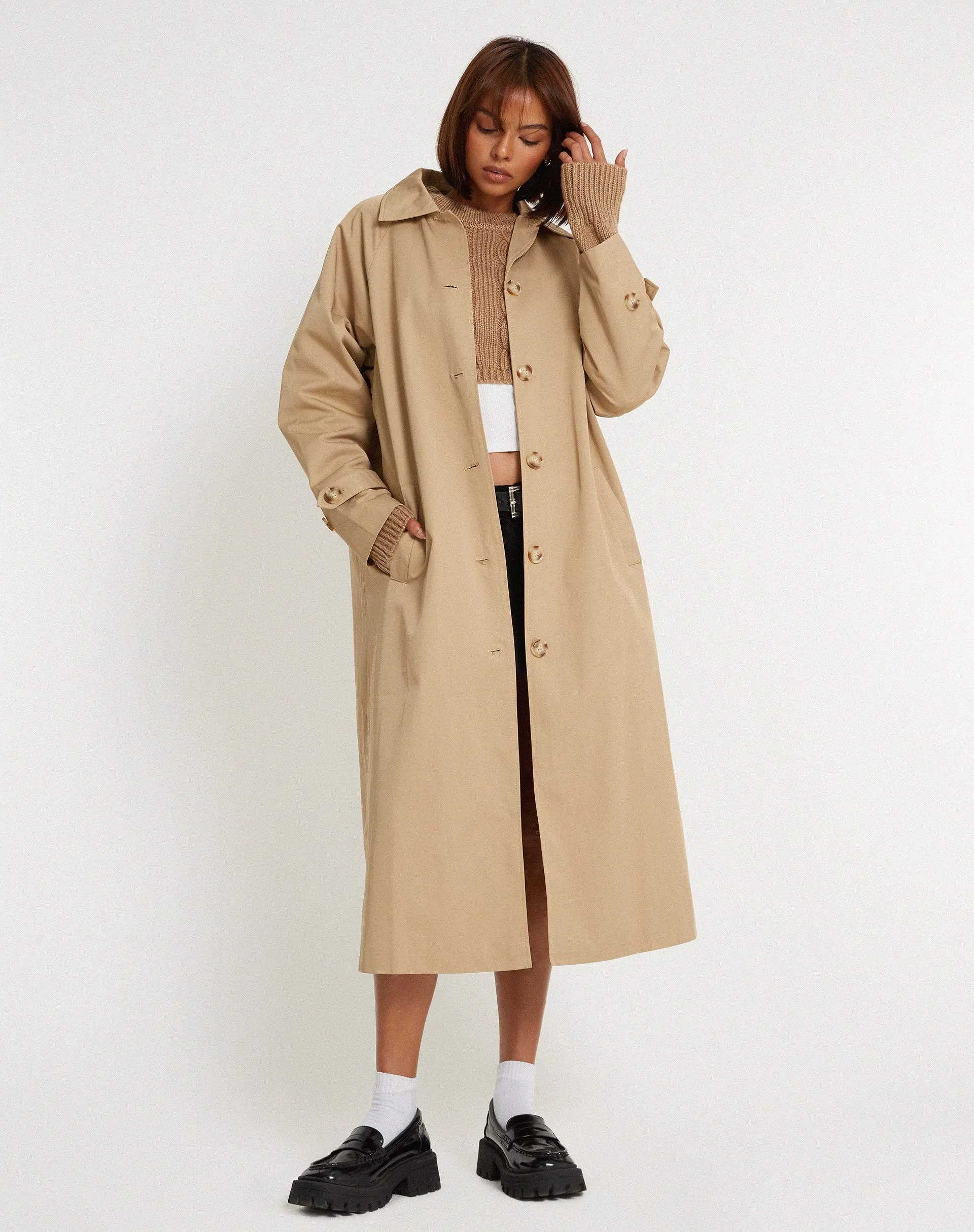 Assa Trench Coat in Tan with Stripe Lining