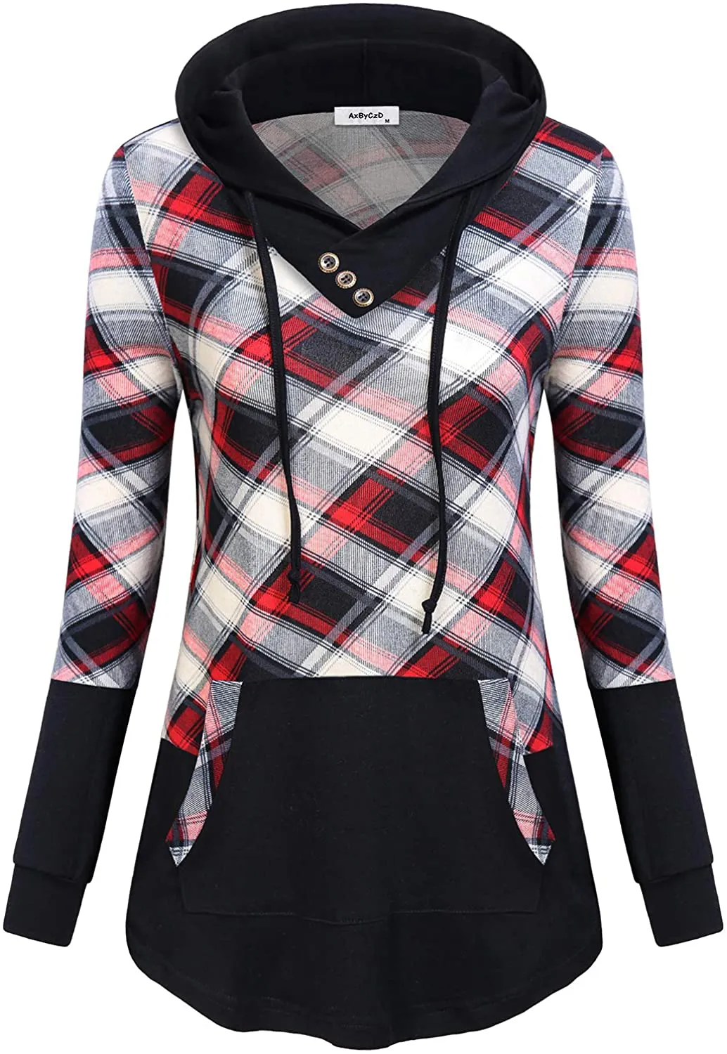 AxByCzD Womens Plaid Sweatshirt Long Sleeve Color Block Hoodies with Kangaroo Pocket