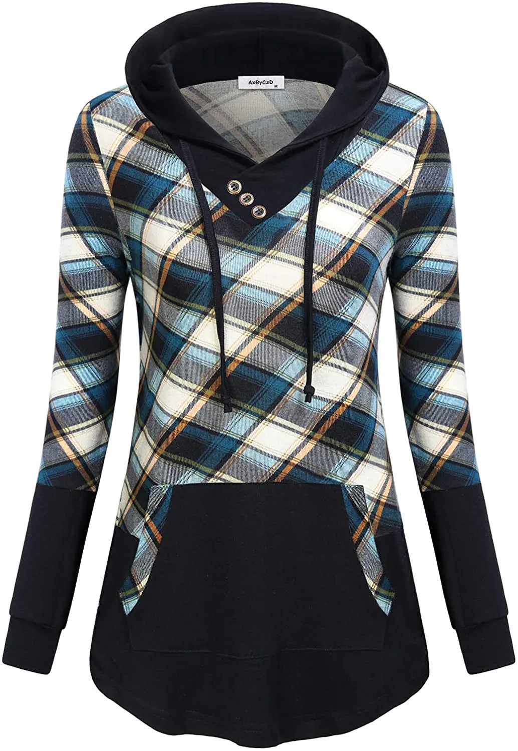 AxByCzD Womens Plaid Sweatshirt Long Sleeve Color Block Hoodies with Kangaroo Pocket