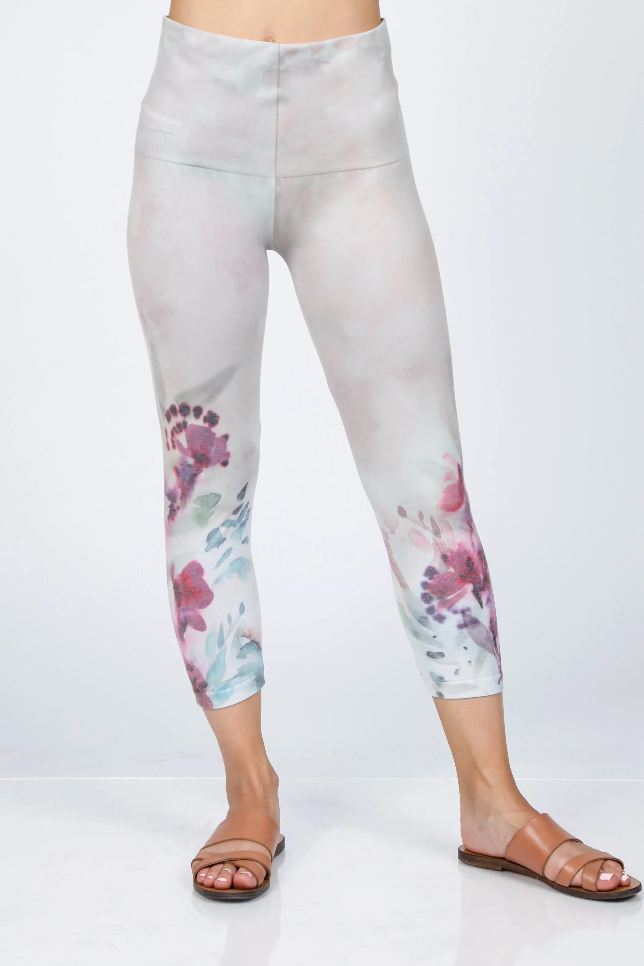 B4438K High Waist Crop Watercolor Floral Leggings