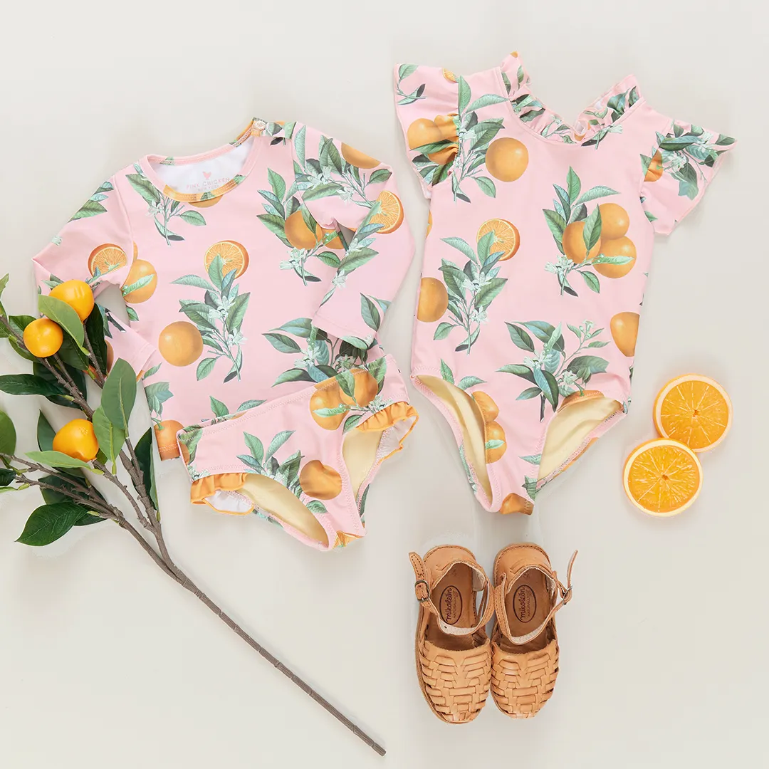 Baby Girls Rash Guard Set - Pink Botanical Oranges