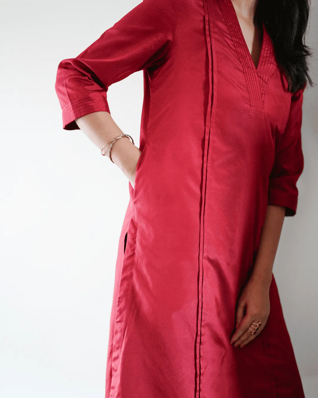 Barkha x Tyohaar | Red A-Line Art Silk V Neck Kurta with Detailing | Coords or Only Kurta