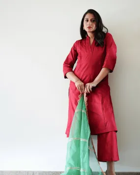 Barkha x Tyohaar | Red A-Line Art Silk V Neck Kurta with Detailing | Coords or Only Kurta