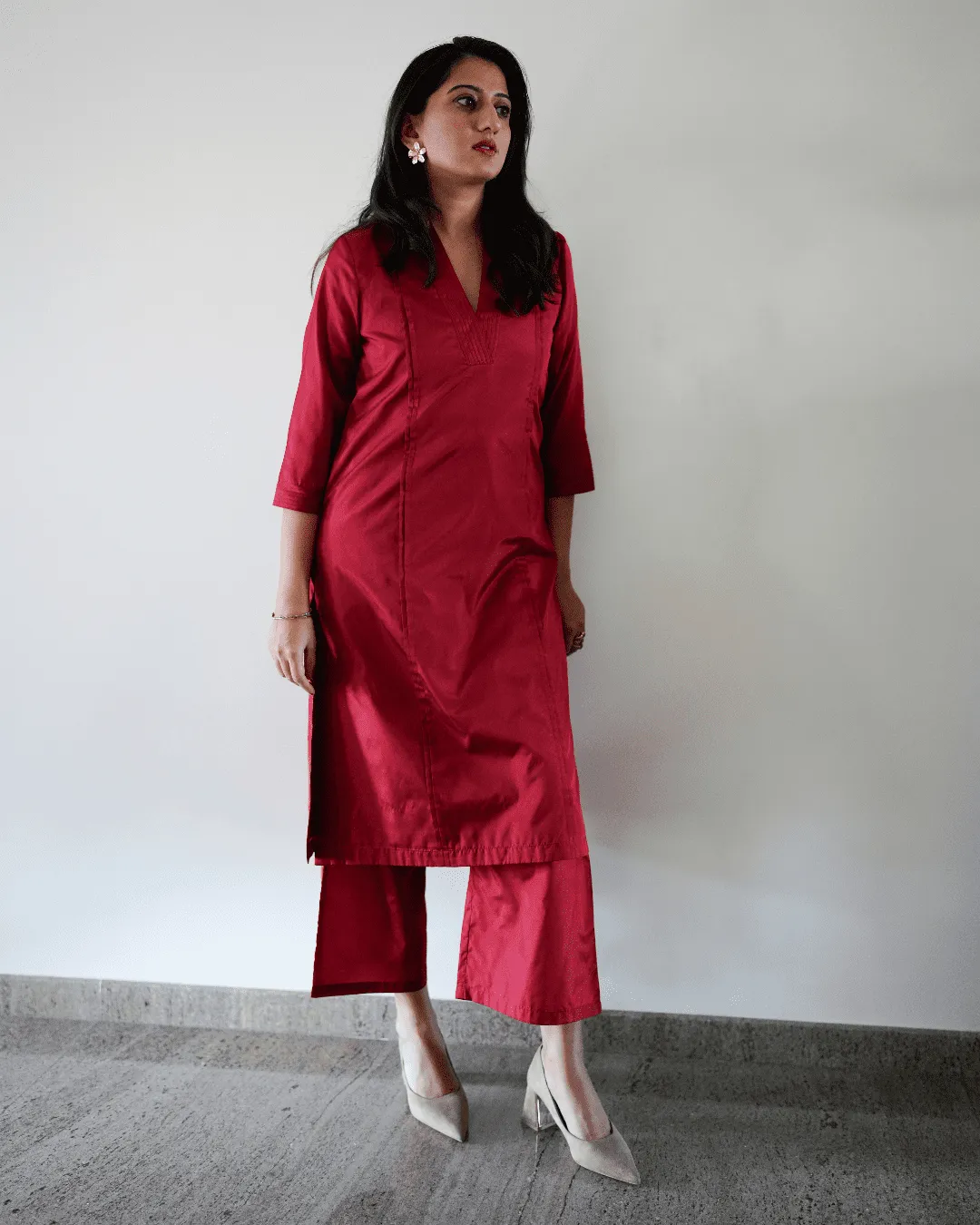 Barkha x Tyohaar | Red A-Line Art Silk V Neck Kurta with Detailing | Coords or Only Kurta