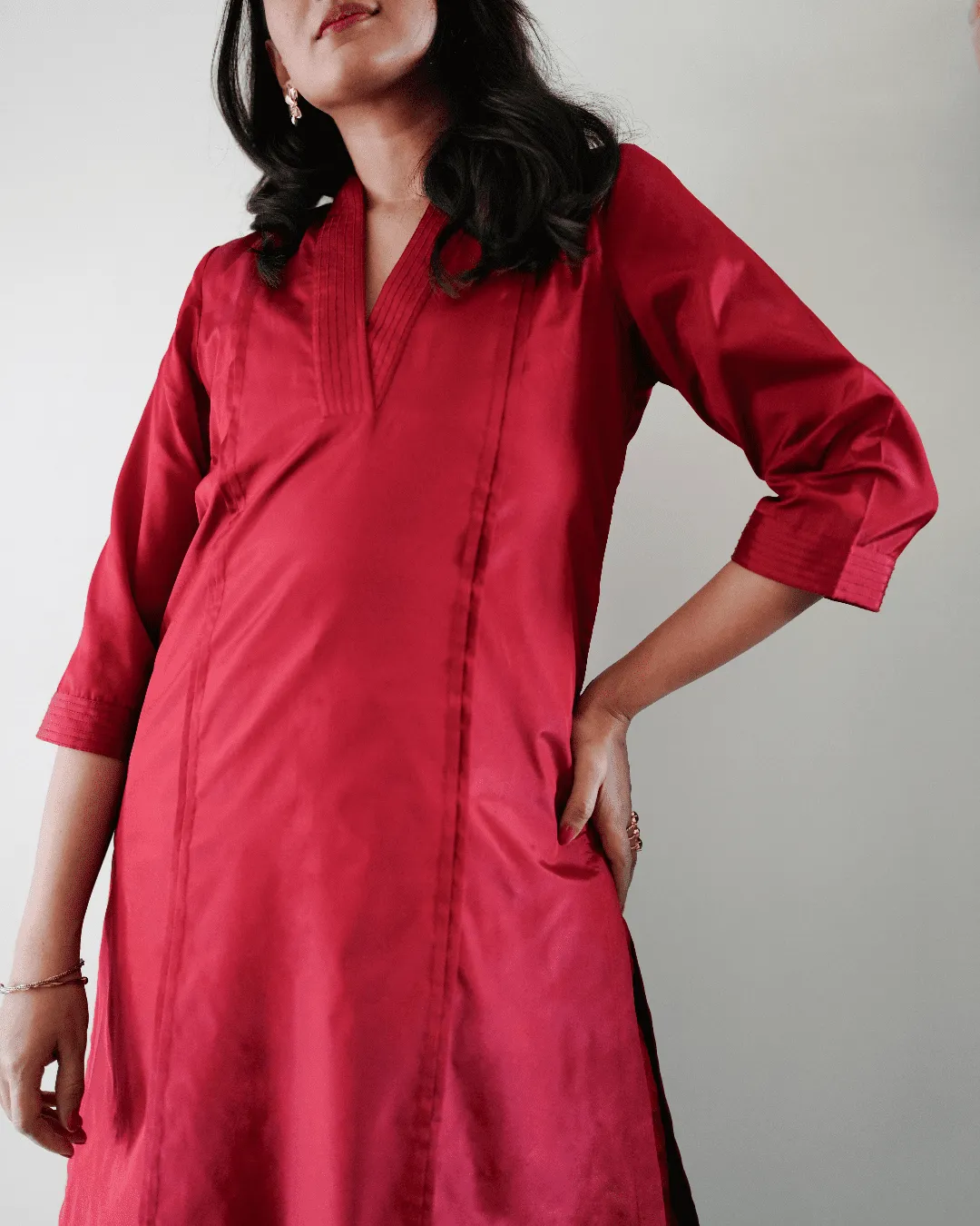 Barkha x Tyohaar | Red A-Line Art Silk V Neck Kurta with Detailing | Coords or Only Kurta