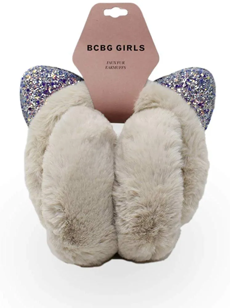 BCBG Girls Little Kid Faux Fur Warm Winter Earmuffs with Glitter - Cute Soft Plush Furry Kitten Cat Ear Warmers