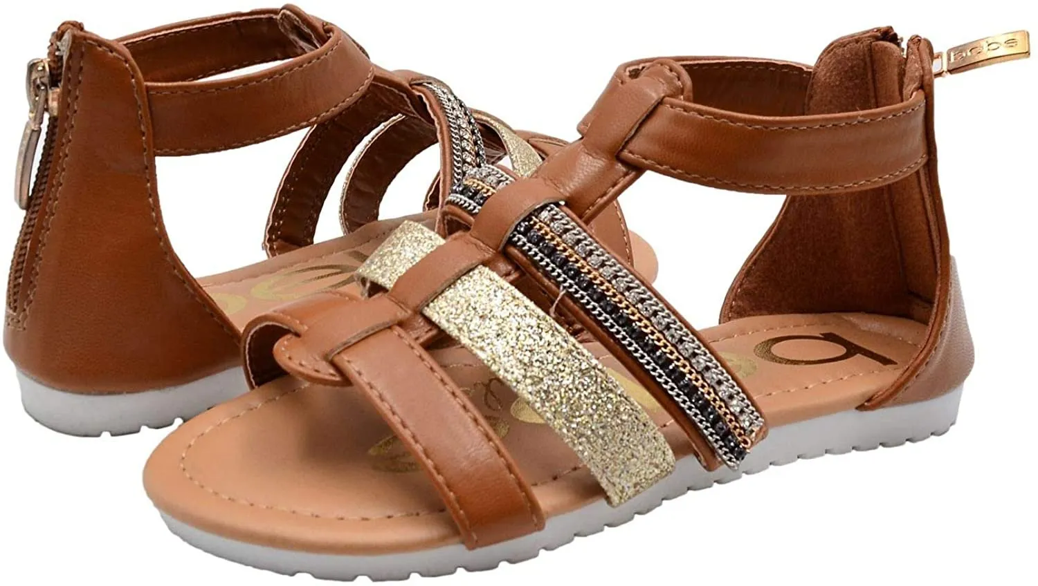 bebe Girls Big Kid Flexi Bottom Strappy Sandal with Glitter and Rhinestone Straps Open Toe Fashion Summer Bling Shoes