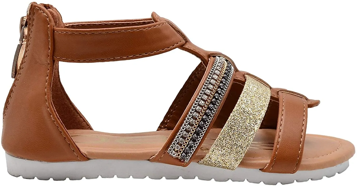 bebe Girls Big Kid Flexi Bottom Strappy Sandal with Glitter and Rhinestone Straps Open Toe Fashion Summer Bling Shoes