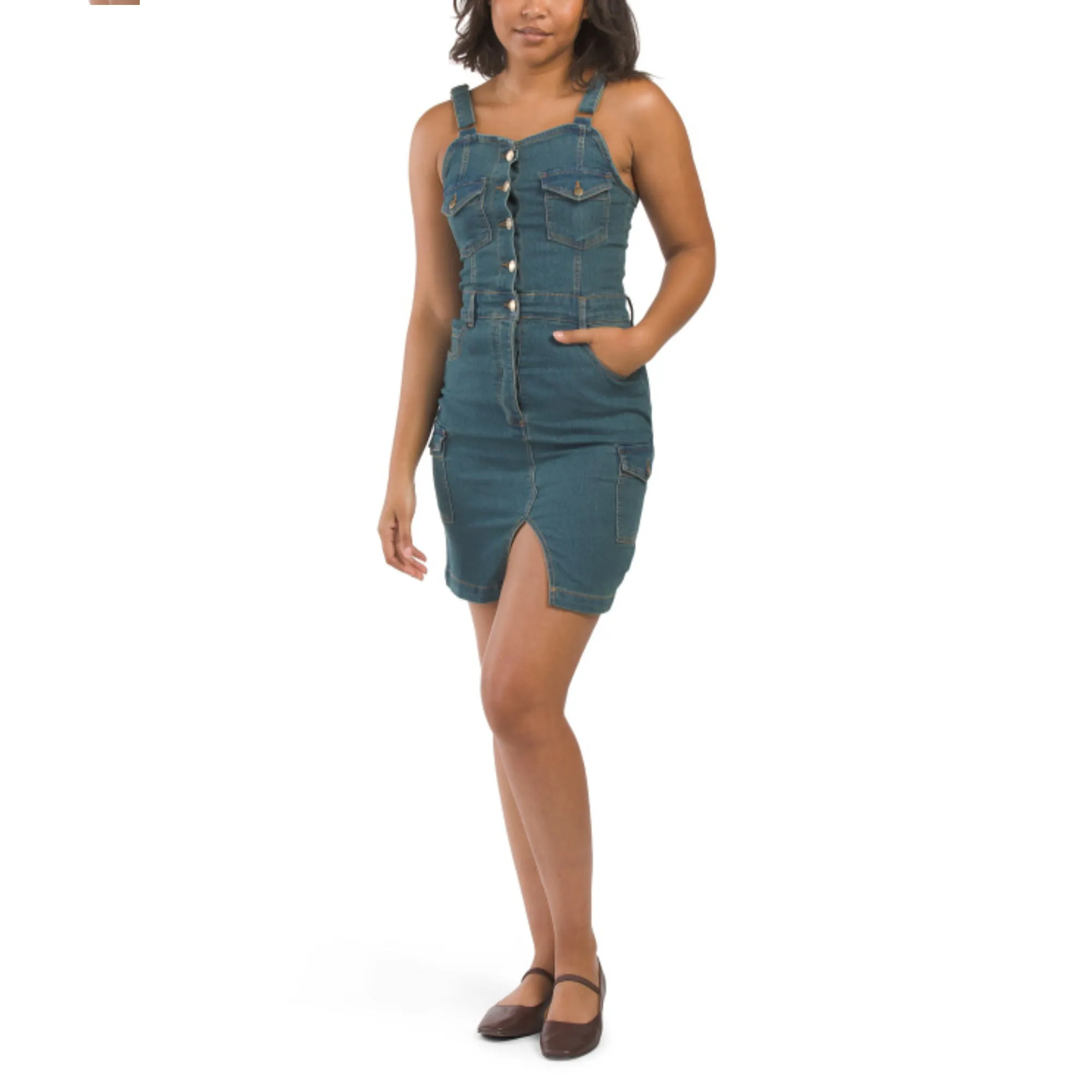 BEBE Women's Sleeveless Button Front Denim Mini Dress