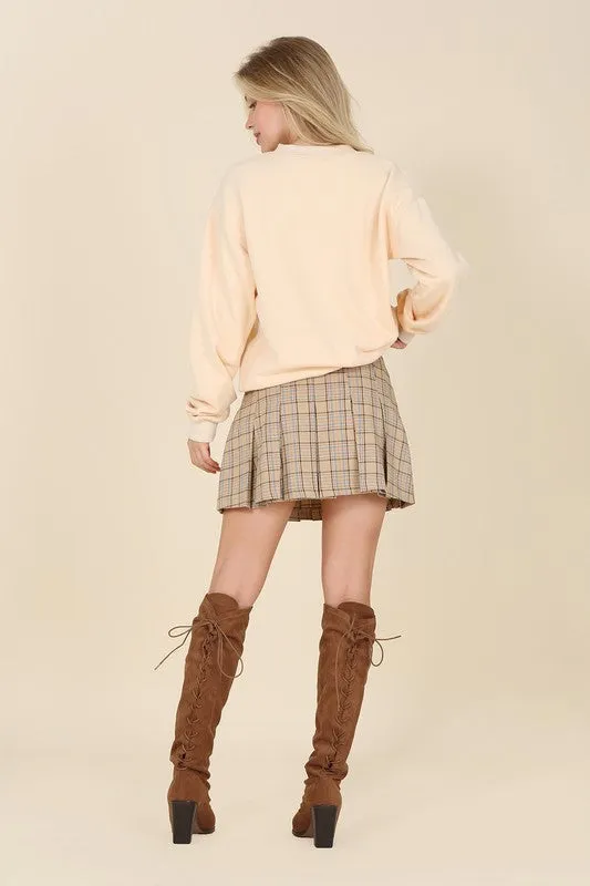 Beige Check Plaid Pleated Mini Skirt