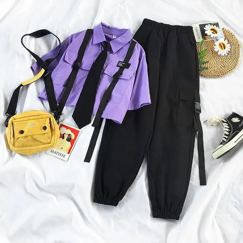 BerryBetty - Autumn Streetwear Pants High-Waist Straight Ribbon Cargo Pants Student Loose Short-Sleeved Shirt with Tie two-piece Set