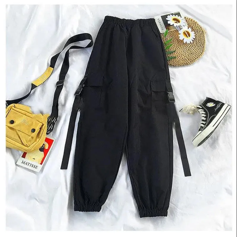 BerryBetty - Autumn Streetwear Pants High-Waist Straight Ribbon Cargo Pants Student Loose Short-Sleeved Shirt with Tie two-piece Set