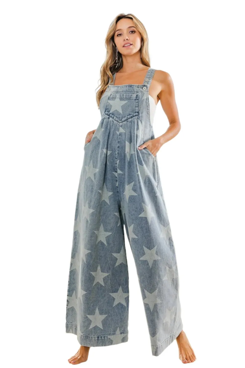 BiBi Star Pattern Wide Leg Washed Denim Overalls