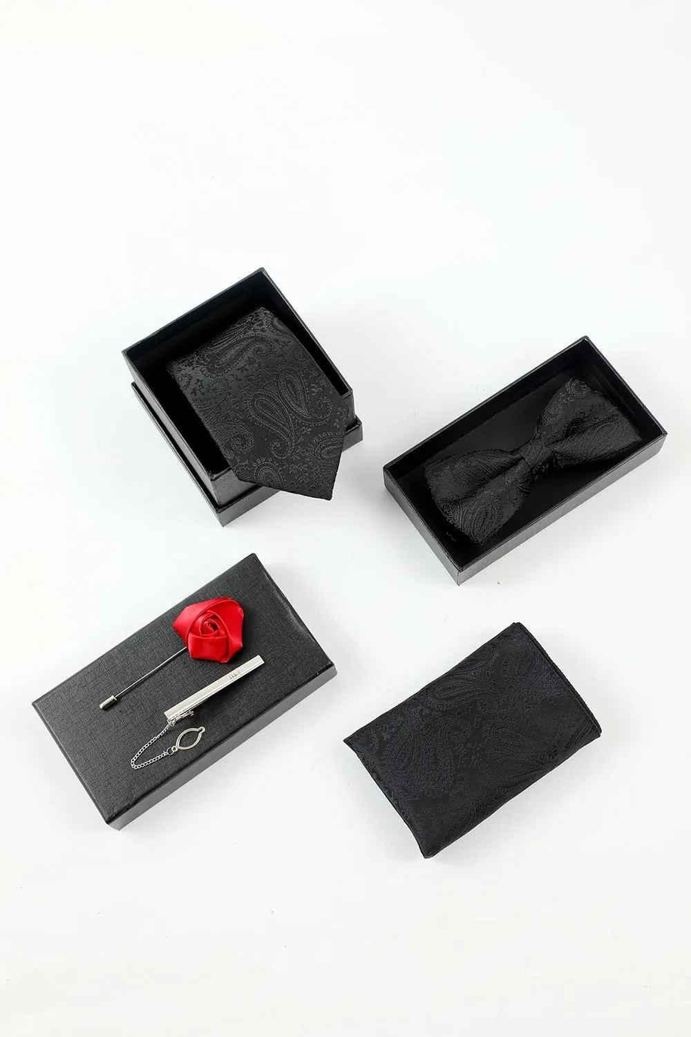 Black Jacquard Men's 5-Piece Accessory Set Tie and Bow Tie Pocket Square Flower Lapel Pin Tie Clip