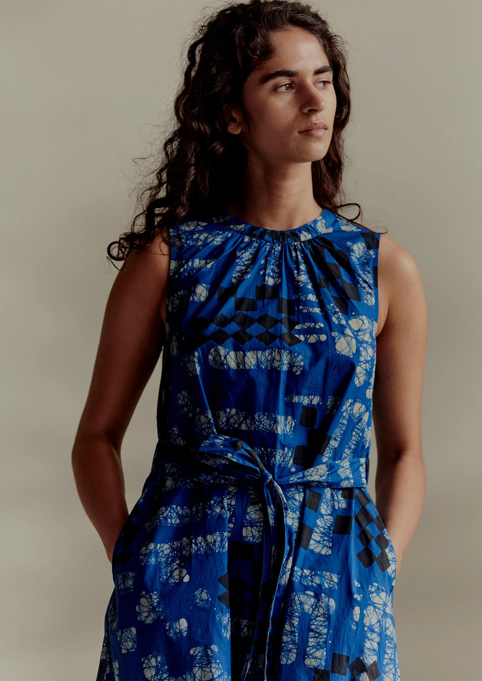 Block Print Batik Poplin Dress | Azurite Blue