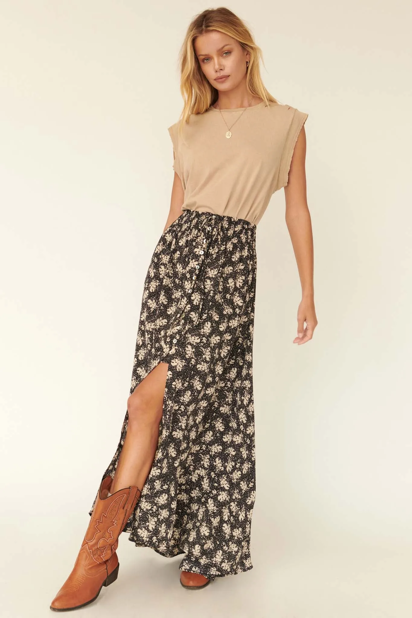 Blown Away Abstract Floral Button-Front Maxi Skirt