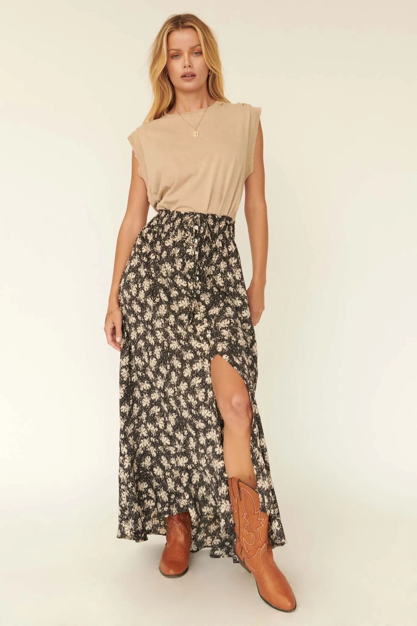 Blown Away Abstract Floral Button-Front Maxi Skirt