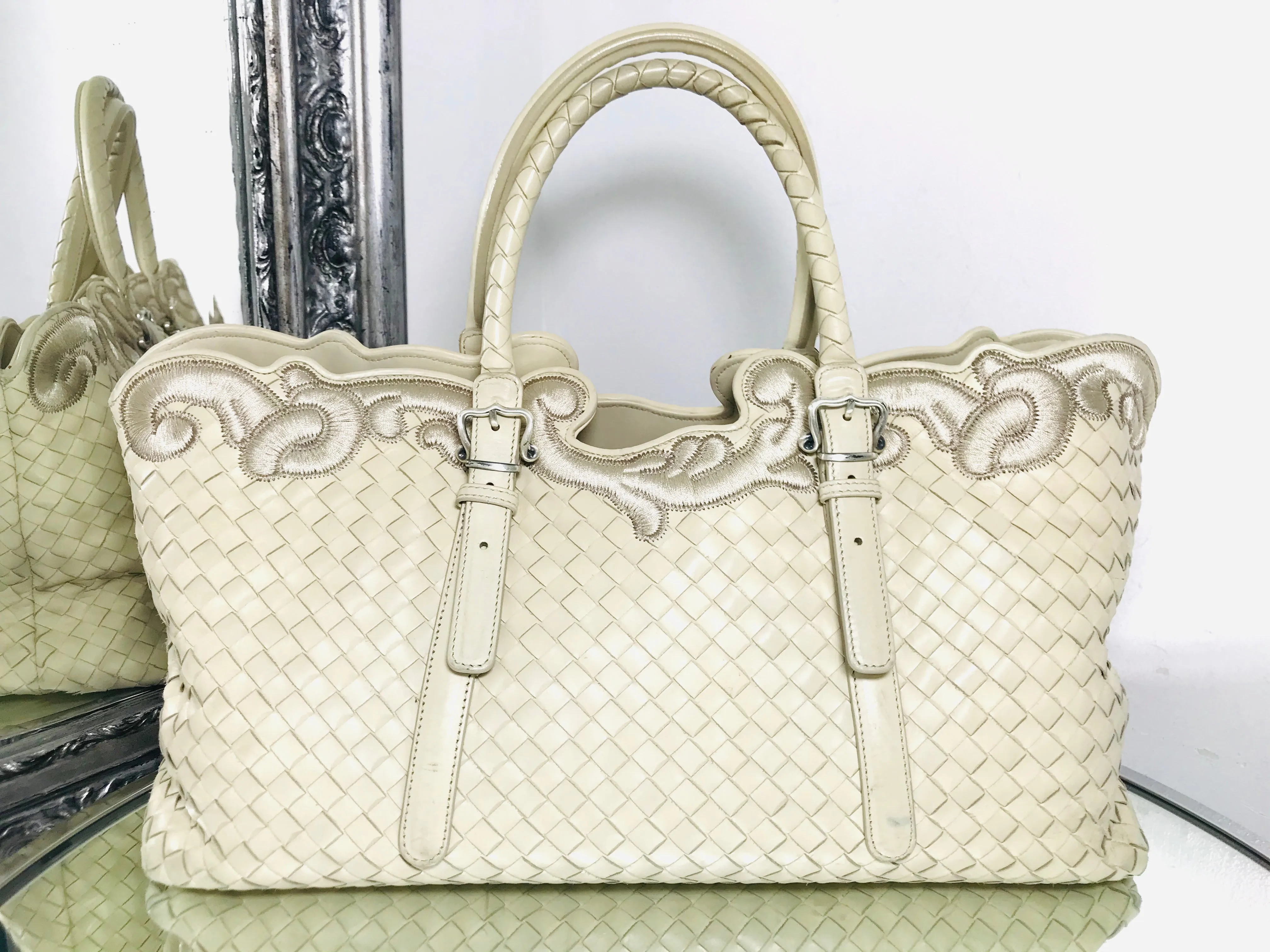 Bottega Veneta Leather Embroidered Trim Tote