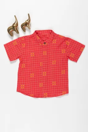 Boys Red Checked Cotton Shirt with Distinctive Patterns