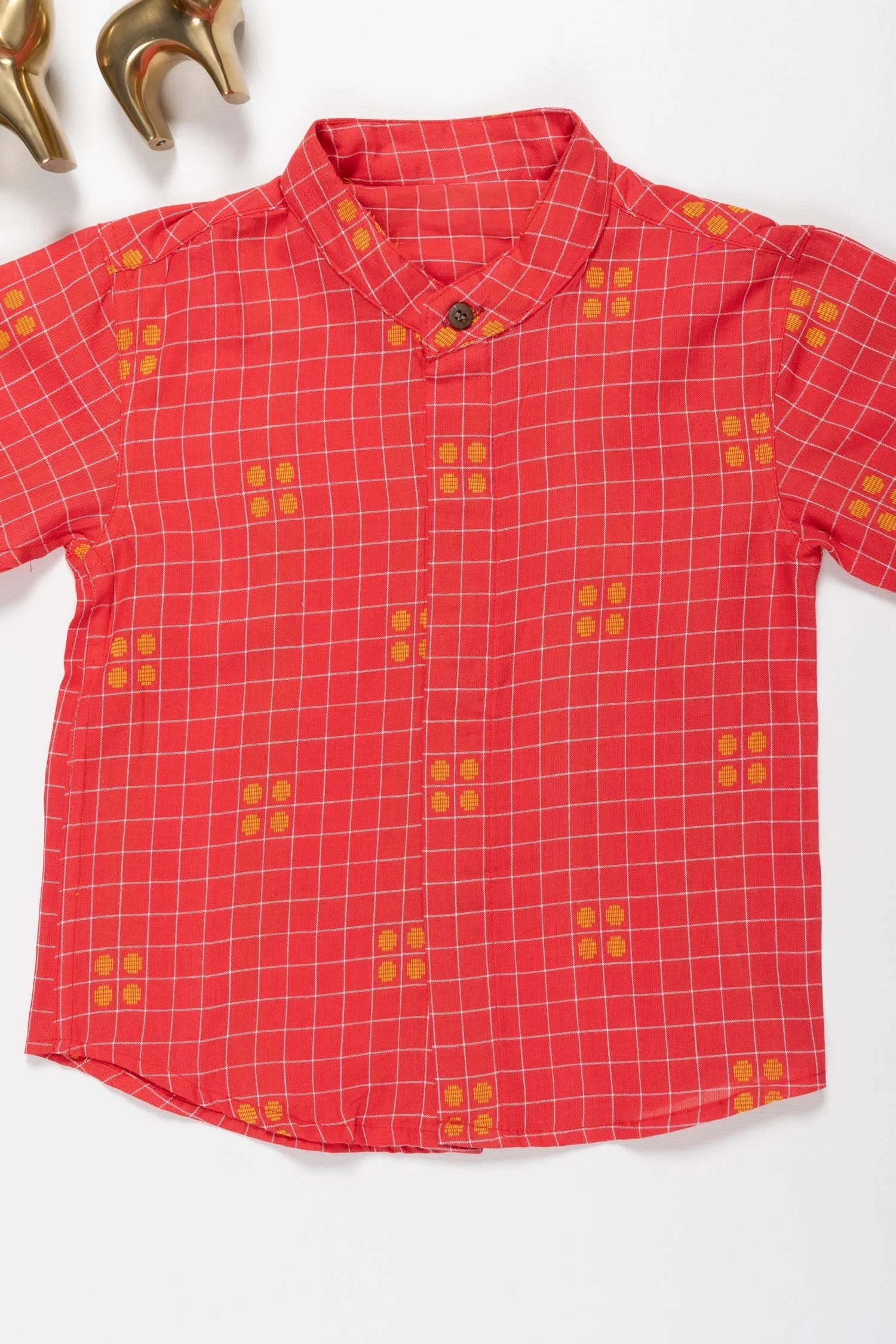 Boys Red Checked Cotton Shirt with Distinctive Patterns