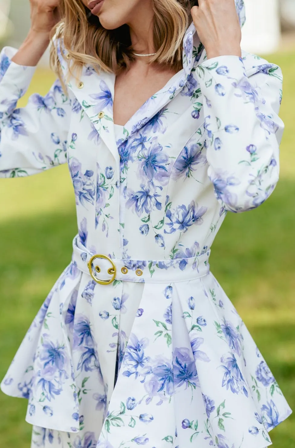 Buckle Belt with Peplum Detail in White with Blue Flower print | 'Floral White'