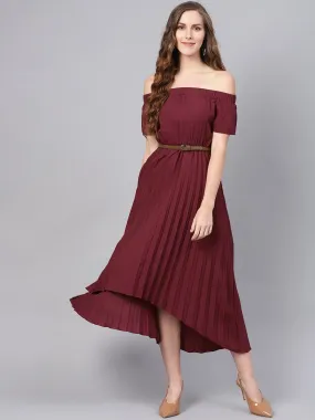 Burgundy Off Shoulder High Low Belted Pleated Dress