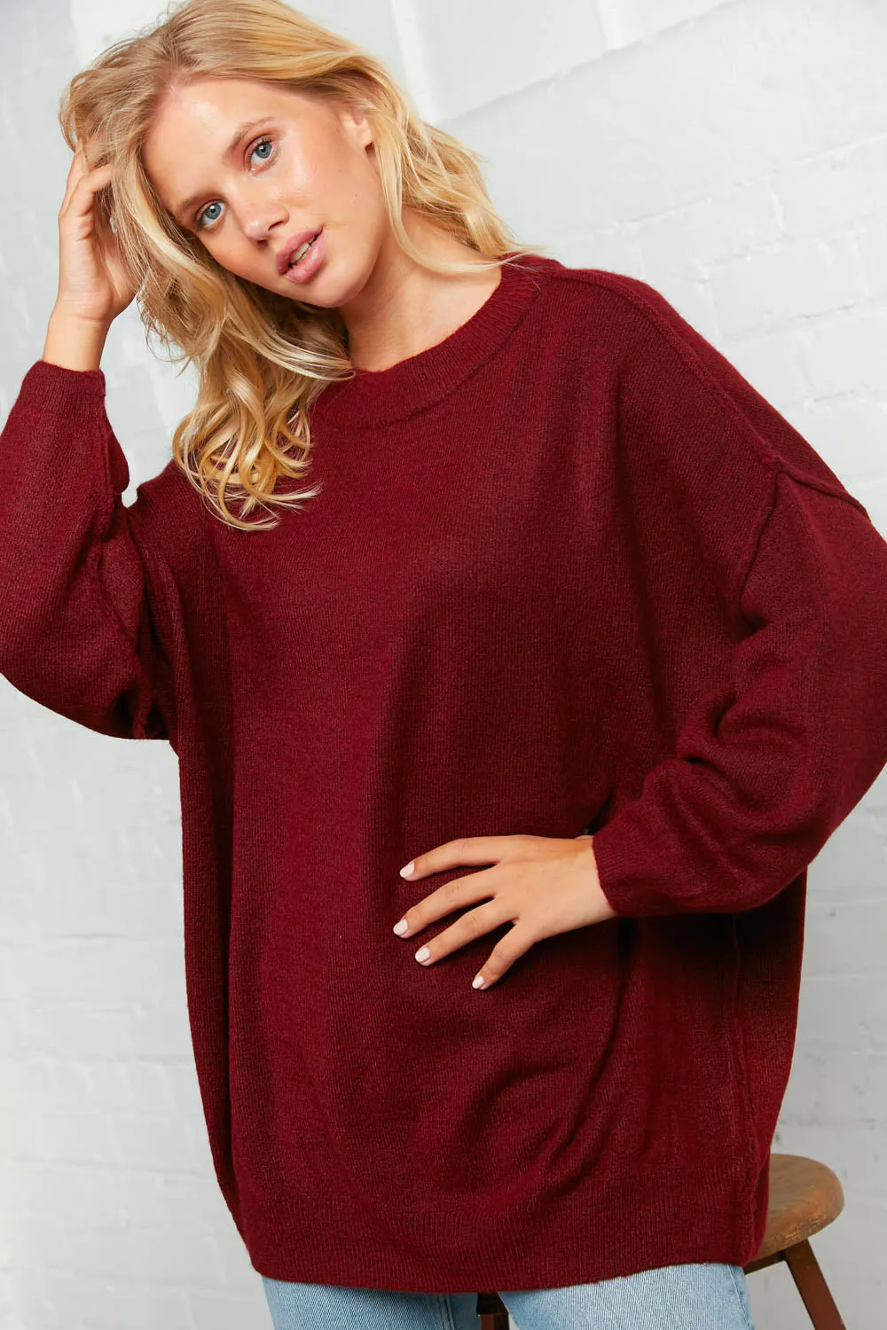 Burgundy Oversized Out Seam Knit Sweater Top (Open Pack)