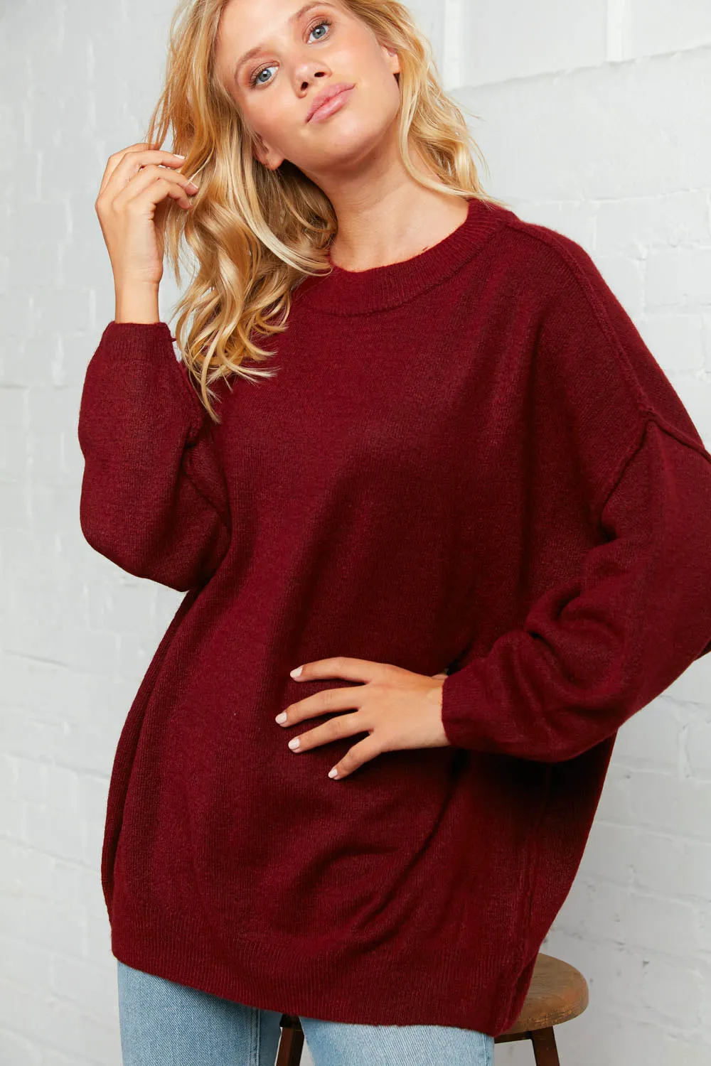 Burgundy Oversized Out Seam Knit Sweater Top (Open Pack)