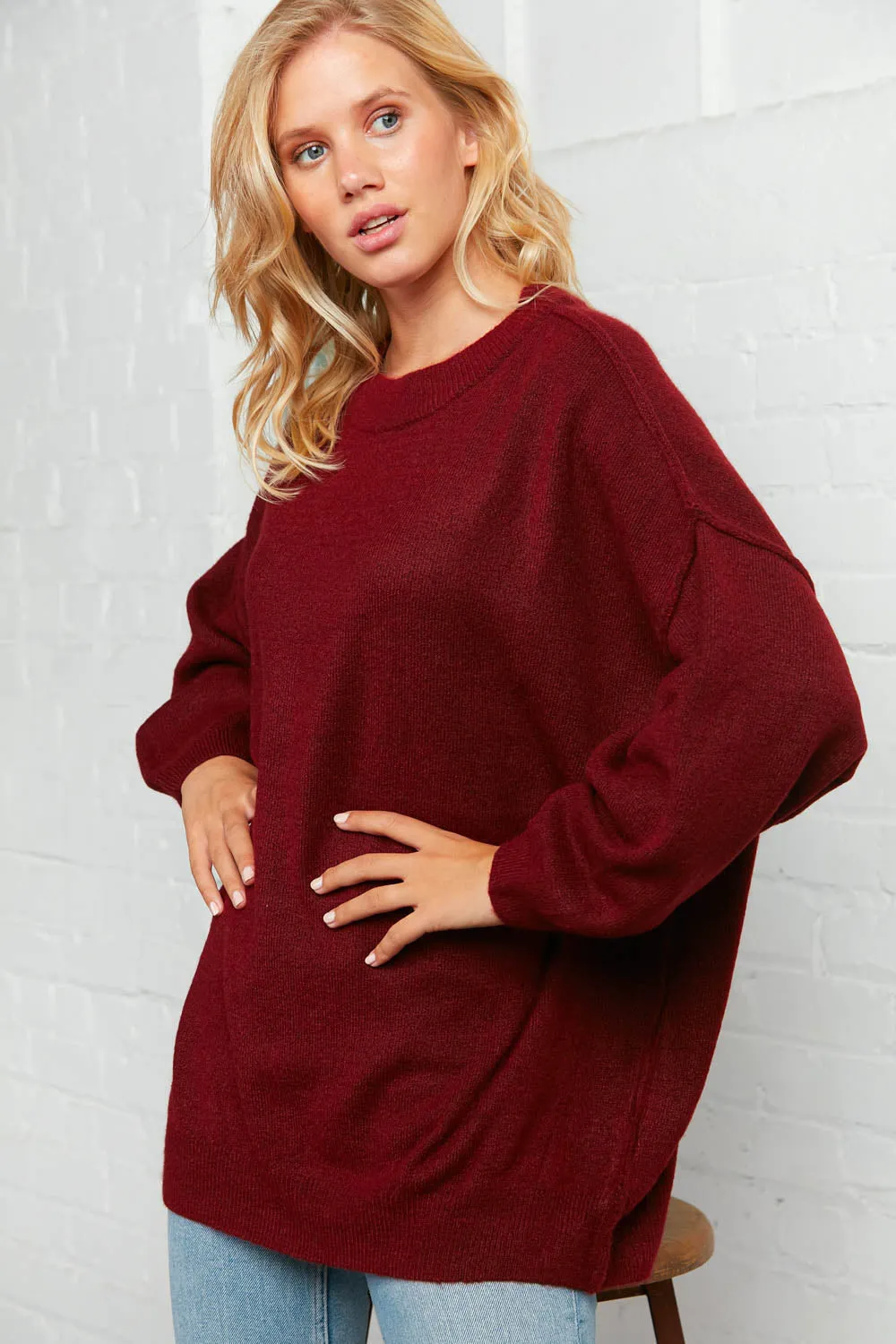 Burgundy Oversized Out Seam Knit Sweater Top (Open Pack)