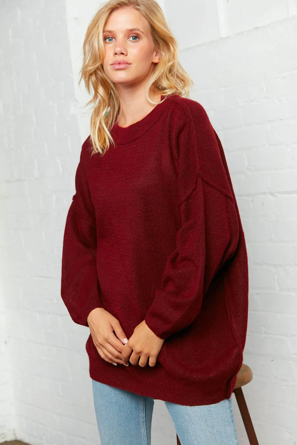 Burgundy Oversized Out Seam Knit Sweater Top (Open Pack)