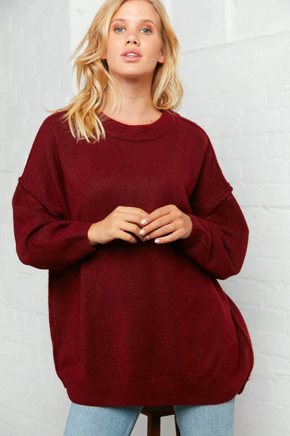 Burgundy Oversized Out Seam Knit Sweater Top (Open Pack)