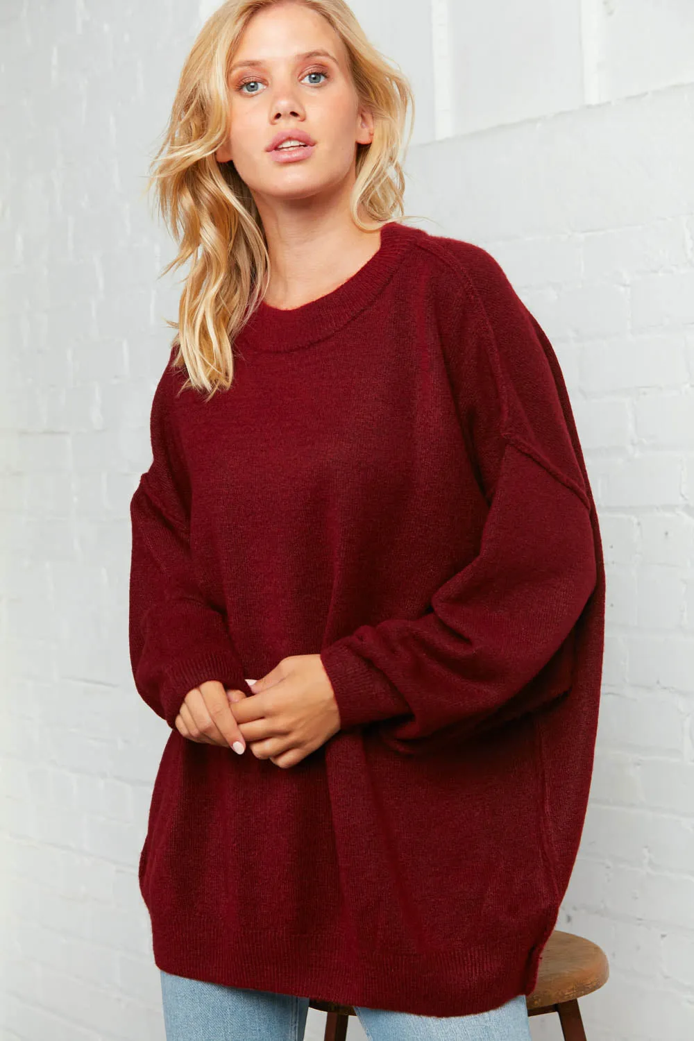 Burgundy Oversized Out Seam Knit Sweater Top (Open Pack)