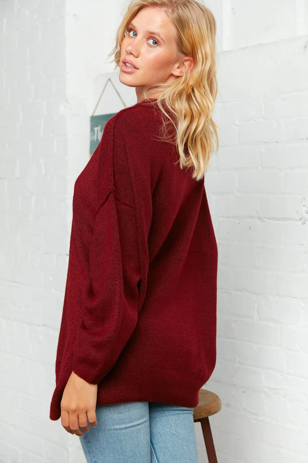 Burgundy Oversized Out Seam Knit Sweater Top (Open Pack)