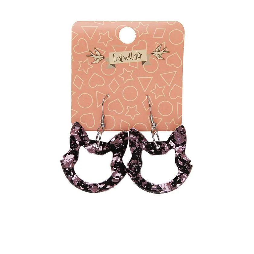 Cat Head Chunky Glitter Resin Drop Earrings - Pink