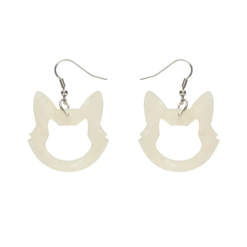 Cat Head Glitter Resin Drop Earrings - White