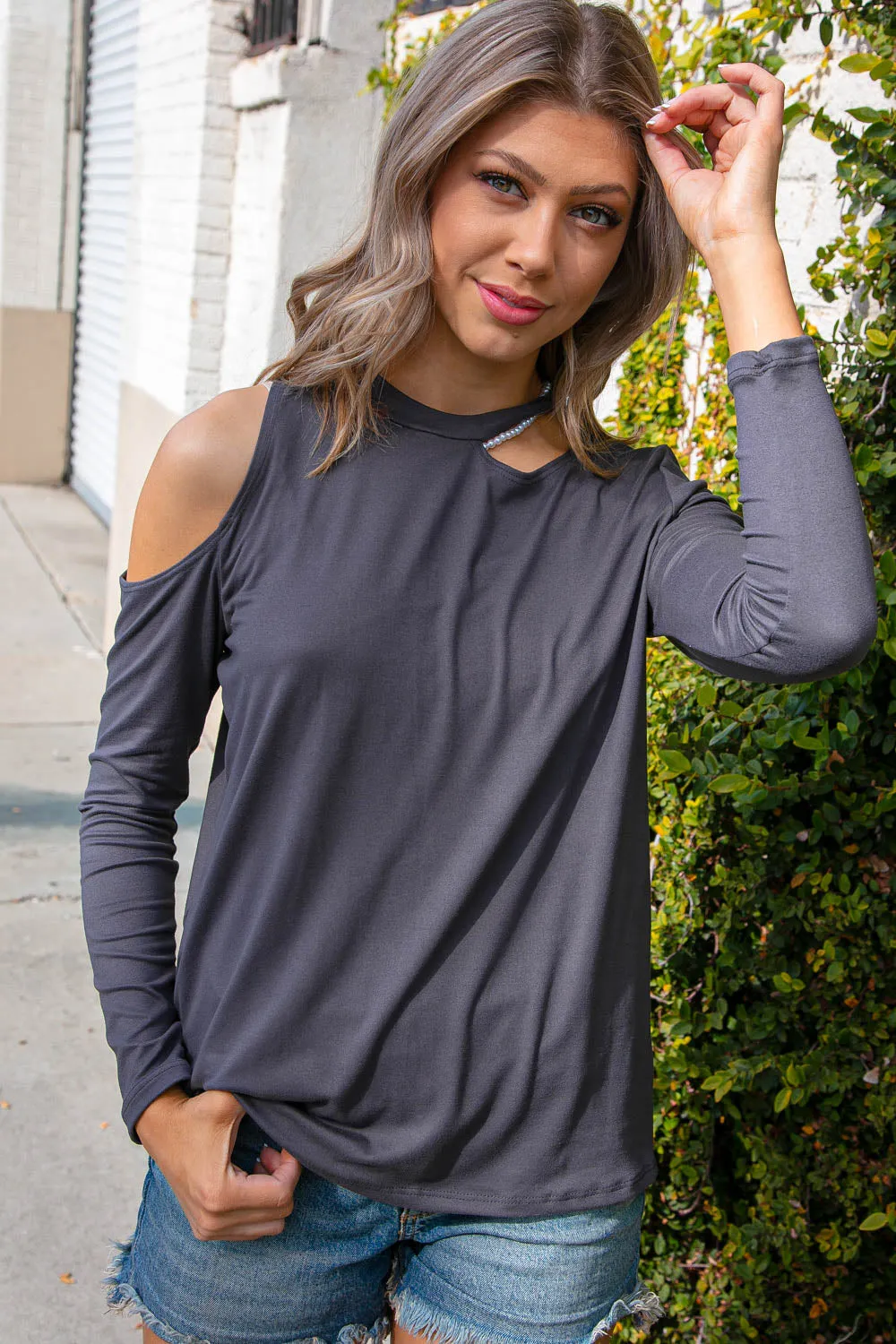 Cement Cold Shoulder Cut Out Long Knit Top