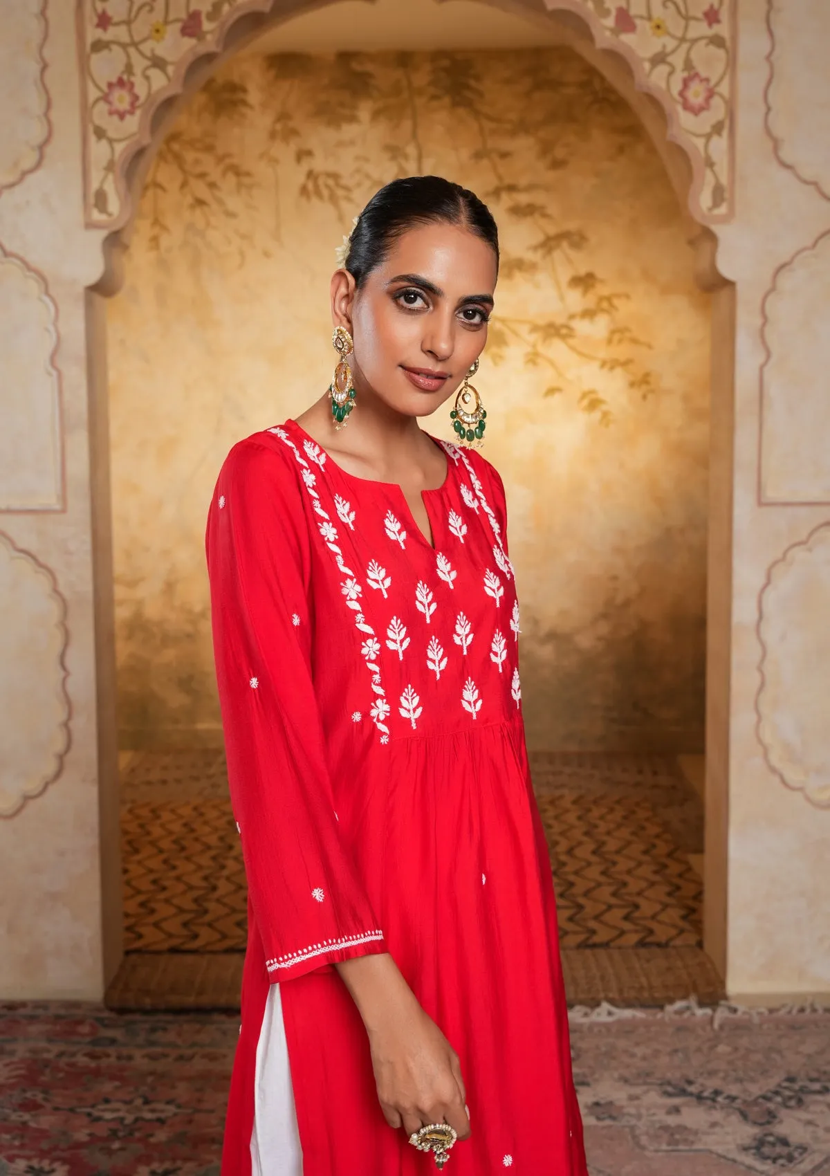 Chanderi Chikankari Solid Women's Long Kurta - Red